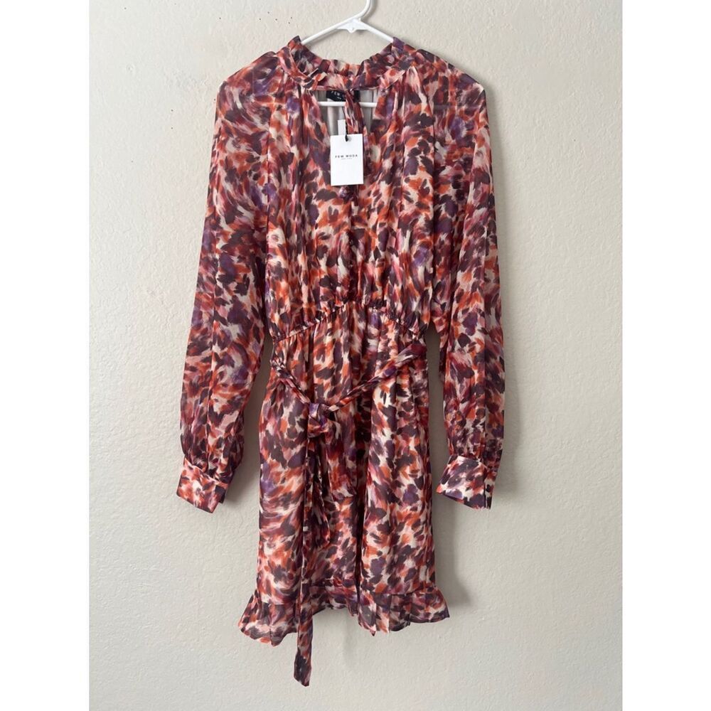 NWT FEW MODA Long-Sleeve Tie-Waist Dress in Rust, Purple & Cream Floral in XL